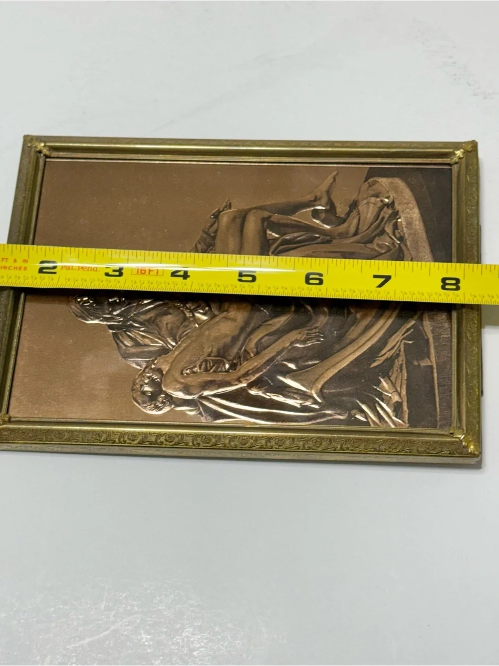 Vintage Michelangelo Pietà Copper Relief Wall Plaque Brass Frame Religious Art